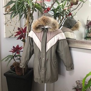 Vintage 90s WINTER CLUB D’HIVER Ski Down Jacket Parka Fur Trimmed Hood Gorpcore